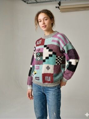 💎RARE VTG HAND KNIT Artisanal Peruvian Multicolor Alpaca Sweater - M